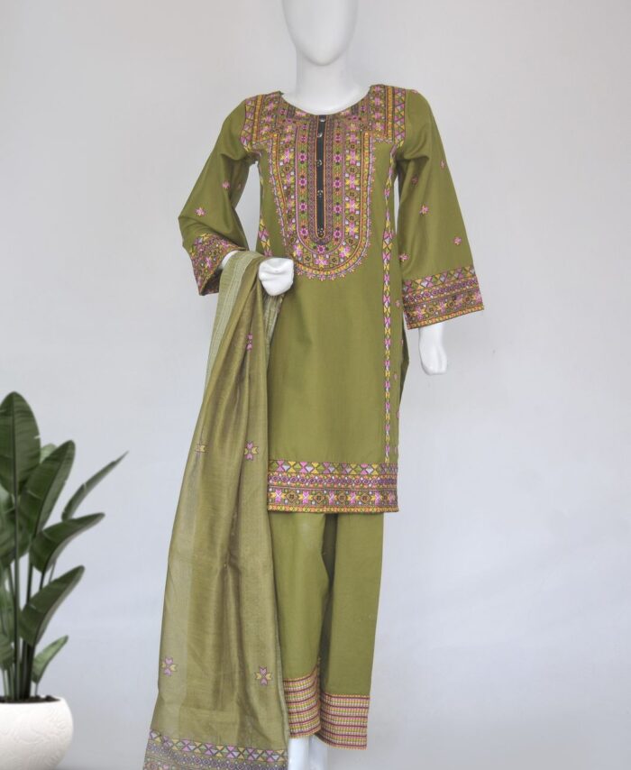 Embroidered 3 PCs Farshi Shalwar Suit – Lawn Cotton Fabric Green