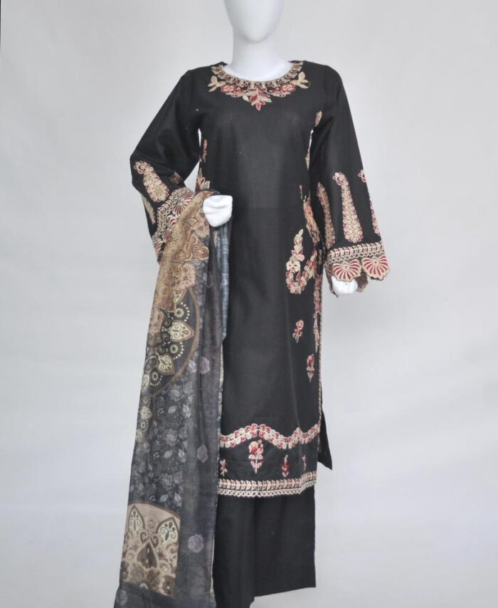 Embroidered 3 Piece Suit – Elegant Design Black