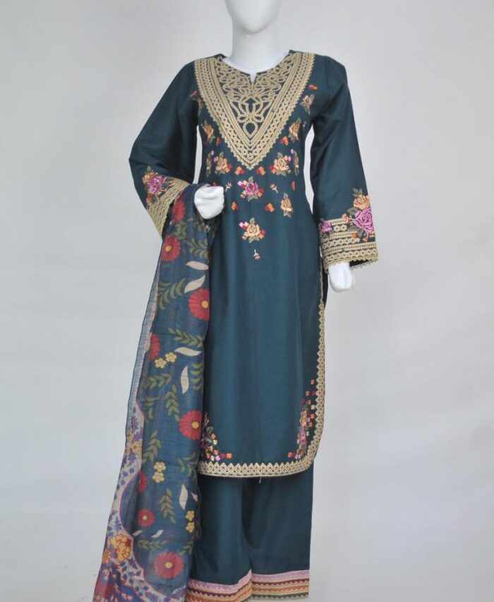 Mughal Style Embroidered 3-Piece Lawn Cotton Suit – Green